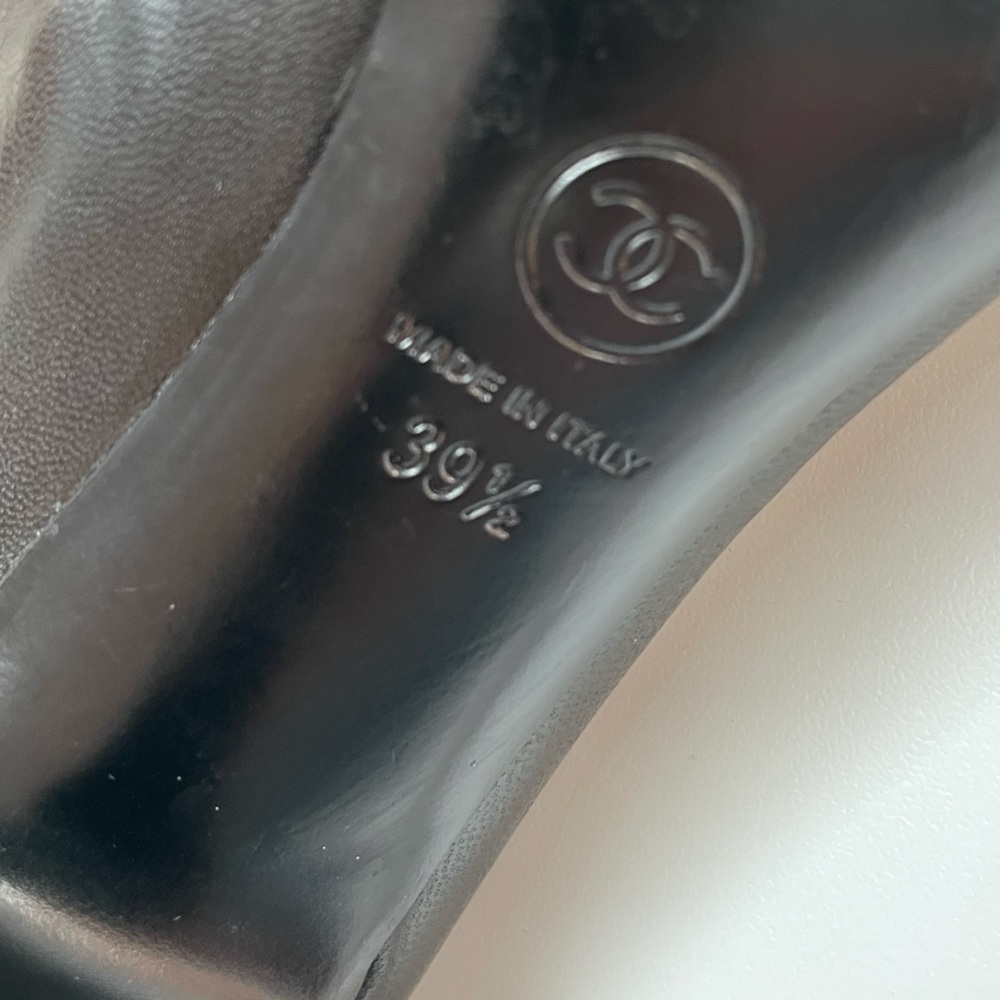 Chanel Black Leather Peep-Toe Pearl Logo Heels Size 8.5 - Picture 3 of 15